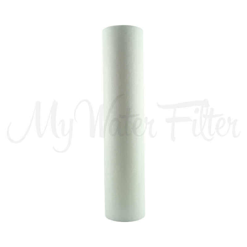 A white cylindrical design polyspun sediment water filter cartridge in 10" x 2.5"