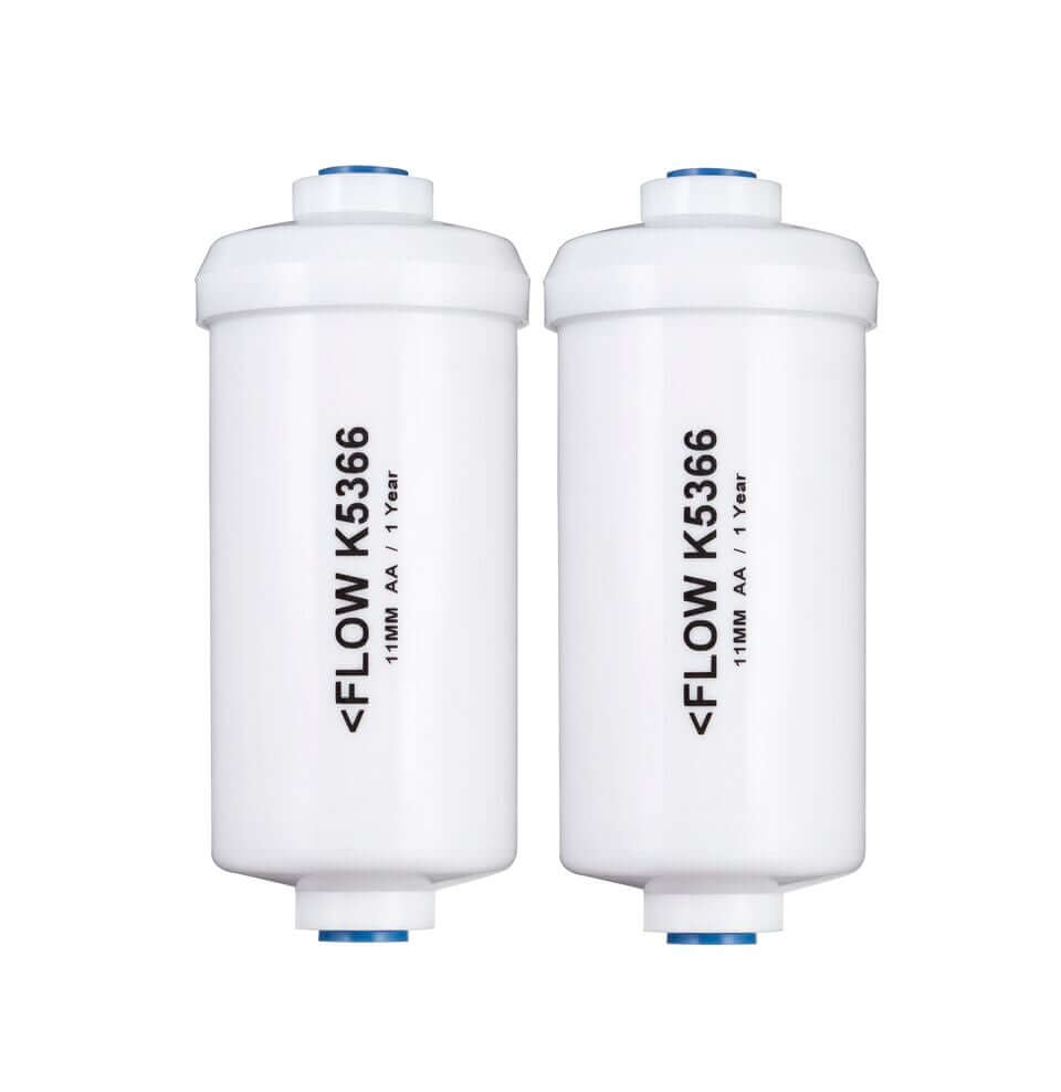 Two white cylindrical water filters labeled "Berkey PF-2 Fluoride and Arsenic Reduction Elements with blue covers at both ends
