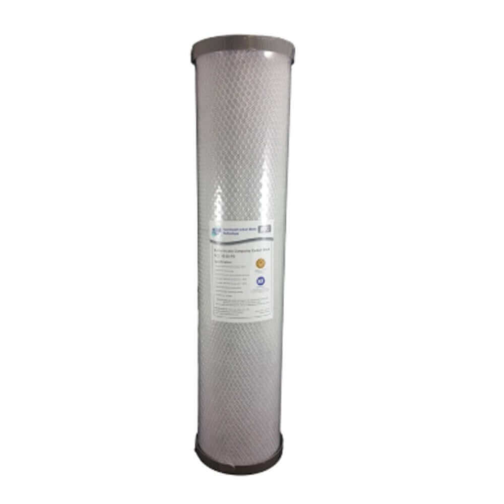 The High Performance Filtration carbon block cartridge is a tall cylindrical water filter with a textured white surface and gray caps on both ends, designed for the HPF All in One 20" x 4.5" Twin Big Blue Whole House Water Filter System.
