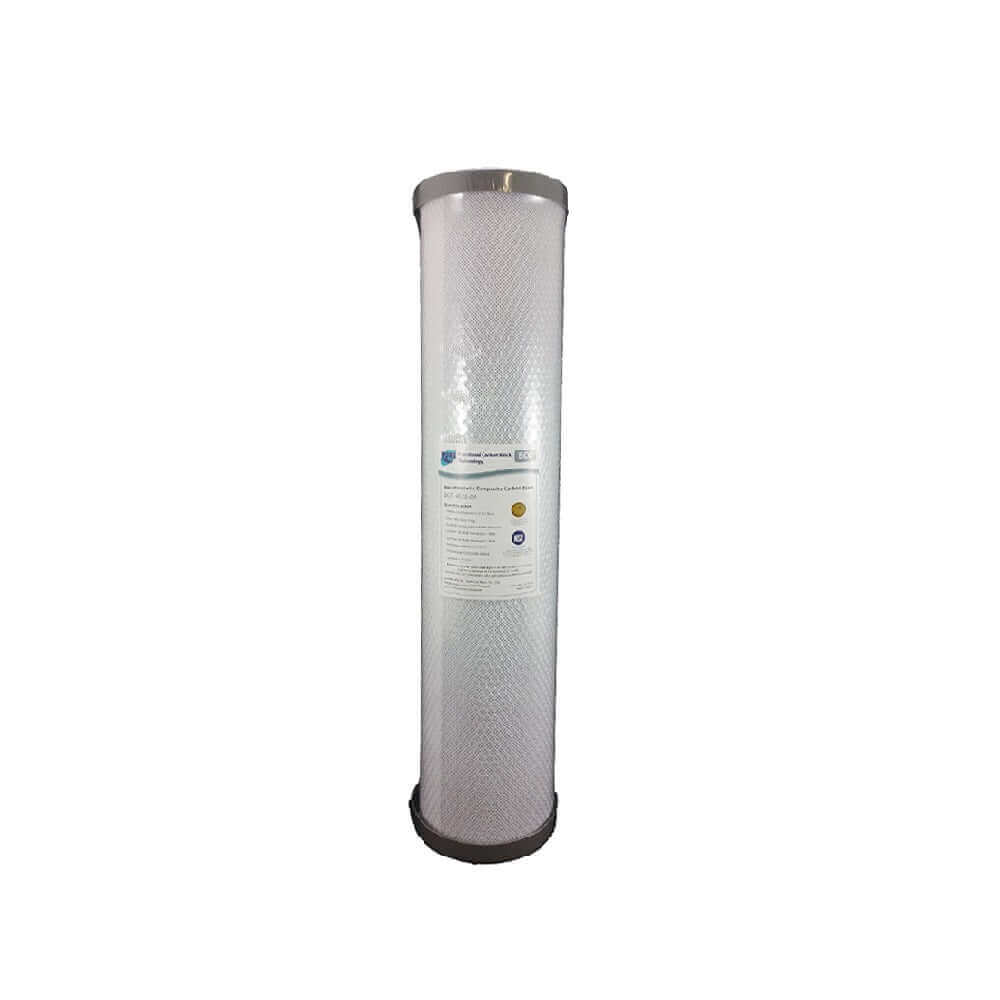 A tall white High Performance Filtration carbon block cartridge from the Replacement Cartridge Pack for the HPF 20