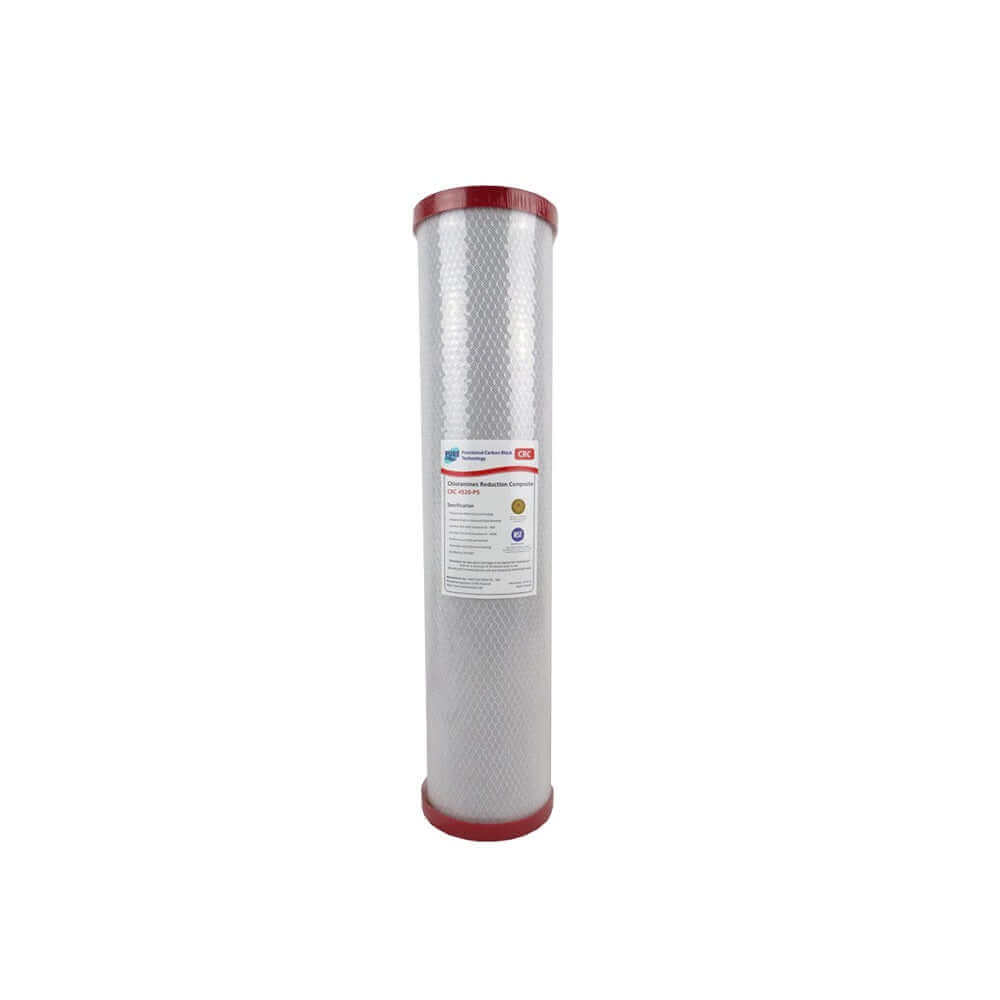 A high-performance filtration cabon block cartridge from the Replacement Cartridge Pack for HPF 20" x 4.5" Single Stage Big Blue Whole House Water Filter System, featuring a large cylindrical design with red caps and a detailed label on its side.