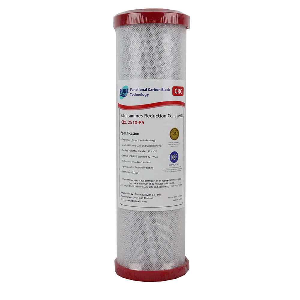Pure CRC 0.5 Micron Chloramine Reduction Carbon Block Water Filter Replacement Cartridge (10"x2.5"), is a white cylindrical filter with red caps labeled for chloramine reduction