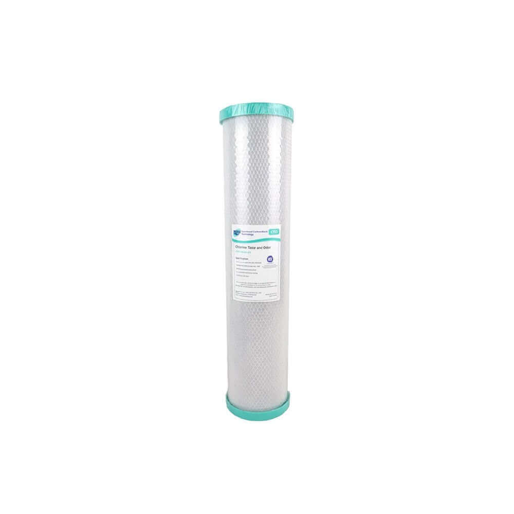 A tall, cylindrical High Performance Filtration carbon block cartridge with green ends and a label on the front from the Replacement Cartridge Pack for the HPF 20" x 4.5" Single Stage Big Blue Whole House Water Filter System.