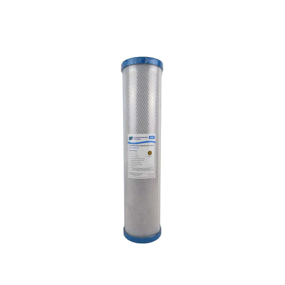 A High Performance Filtration carbon block cartridge from the Replacement Cartridge Pack, featuring blue ends and a white label, designed for the HPF 20