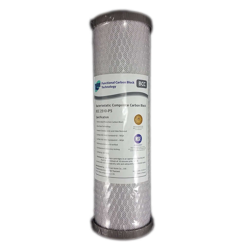 A Pure BCC cylindrical water filter with a labeled white mesh exterior featuring a 0.5 Micron Silver Impregnated Carbon Block, sized at 10" x 2.5".