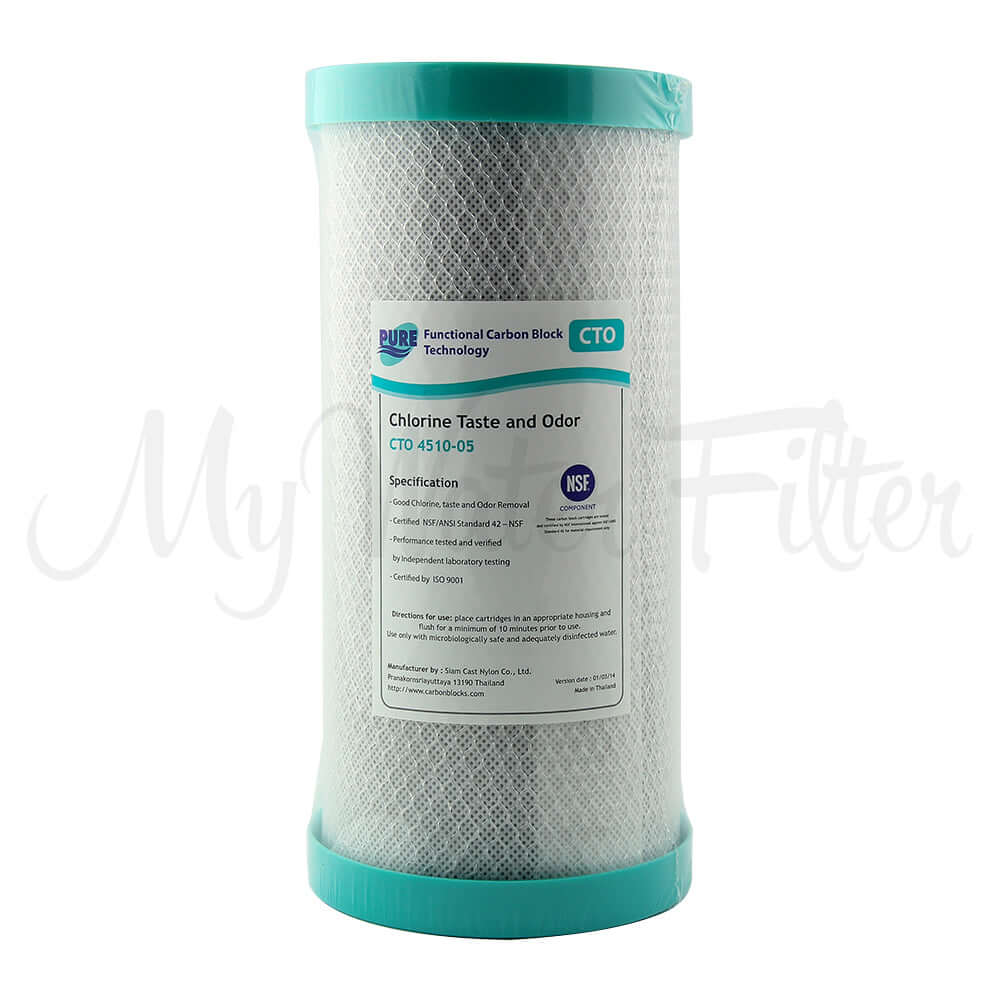 The Pure CTO 5 Micron Carbon Block Whole House Water Filter Replacement Cartridge (10" x 4.5") by Pure, removes chlorine taste and odor and is NSF certified.