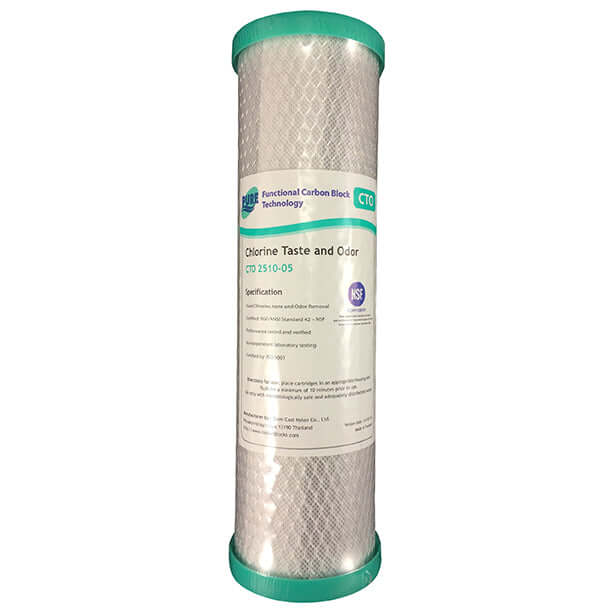 Pure CTO Coconut Carbon Block Water Filter Replacement Cartridge 10" x 2.5", featuring green caps and a label for chlorine taste and odor removal specifications.