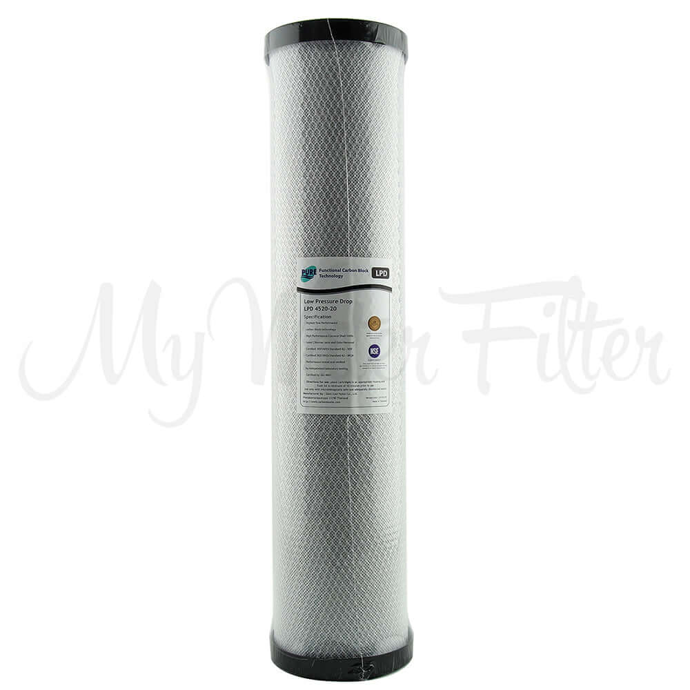 Cylindrical Pure LPD 20 Micron Low Pressure Carbon Block replacement cartridge, featuring a textured surface and label, sized at 20" x 4.5" for whole house water filtration.