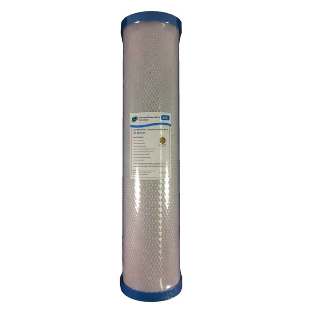 Pure LRC 0.5 Micron Heavy Metal & Lead Reduction Carbon Block Whole House Water Filter Replacement Cartridge features a cylinder shape with blue caps and a label on the front, measuring 20" x 4.5".
