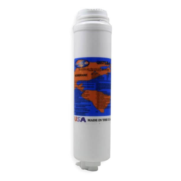 An Omnipure Q5572-SA 100GPD Reverse Osmosis Membrane Replacement Cartridge 10" featuring a white cylindrical design with a blue and orange label.
