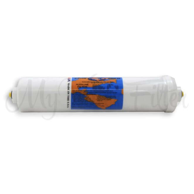 The Omnipure K5650 KK Alkaliser Water Filter Replacement Cartridge with 3/8" JG Connections boasts a sleek design, highlighted by its blue and orange label, and comes equipped with two nozzles on either end.