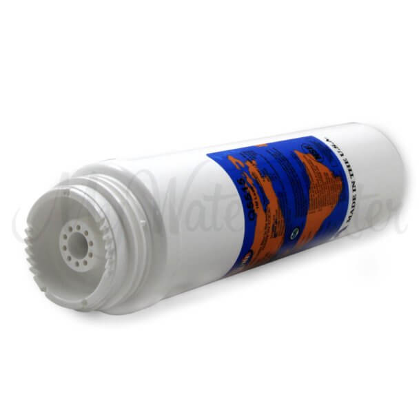 An Omnipure Q5515 Quick Change Carbon Block Water Filter Replacement Cartridge, featuring a white cylindrical design with a blue and orange label on the side.