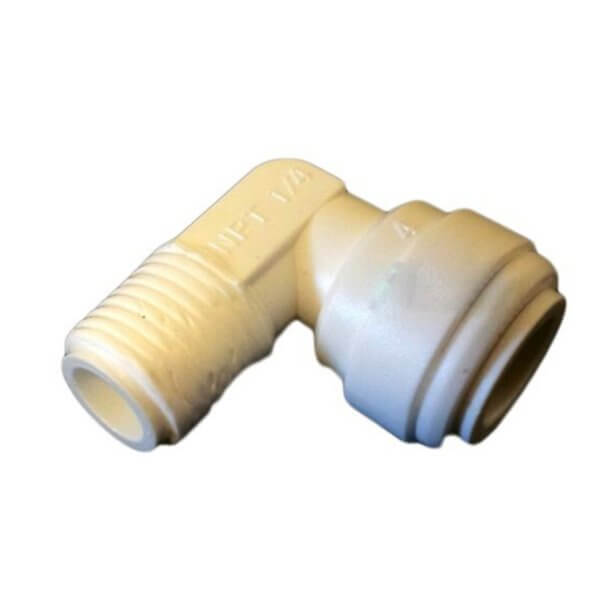 A Quick Connect Elbow, with a 90-degree white plastic design featuring 1/4" male threaded ends for a 3/8" tube.