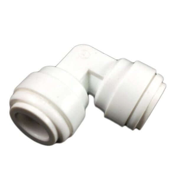 A Quick Connect Elbow, 3/8" tube to 3/8" tube, features a white plastic design with push-fit ends