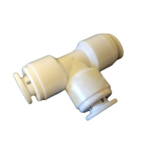 The Quick Connect Equal Tee 1/4" Tube is a plastic T-shaped pipe fitting with three connection points