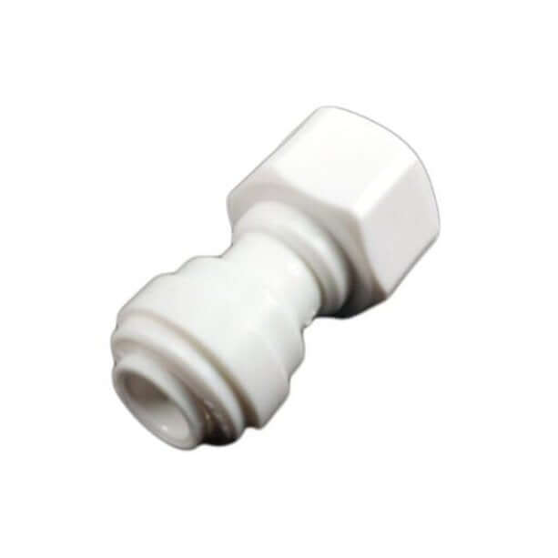Quick Connect Faucet Adaptor with a 7/16" BSP Female Thread to 1/4" Tube, available in white plastic with both threaded and barbed ends.
