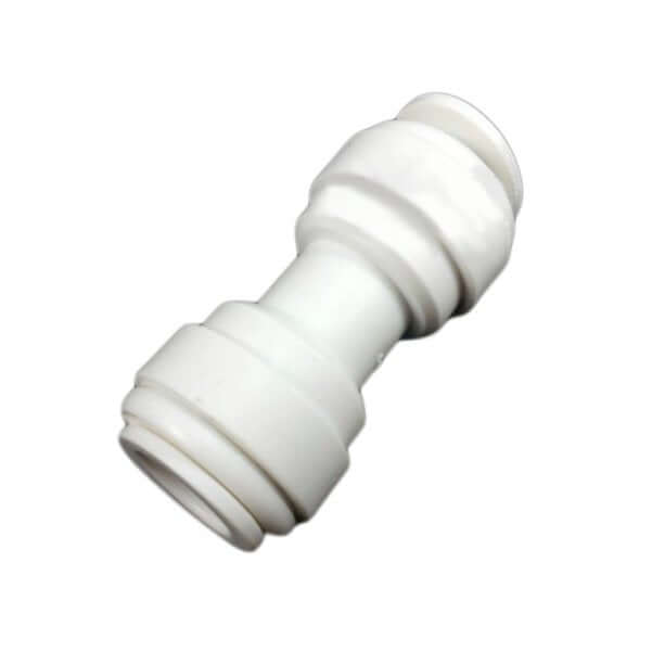 A 3/8" tube to 3/8" tube white plastic plumbing connector with grooved ends from Quick Connect Joiners