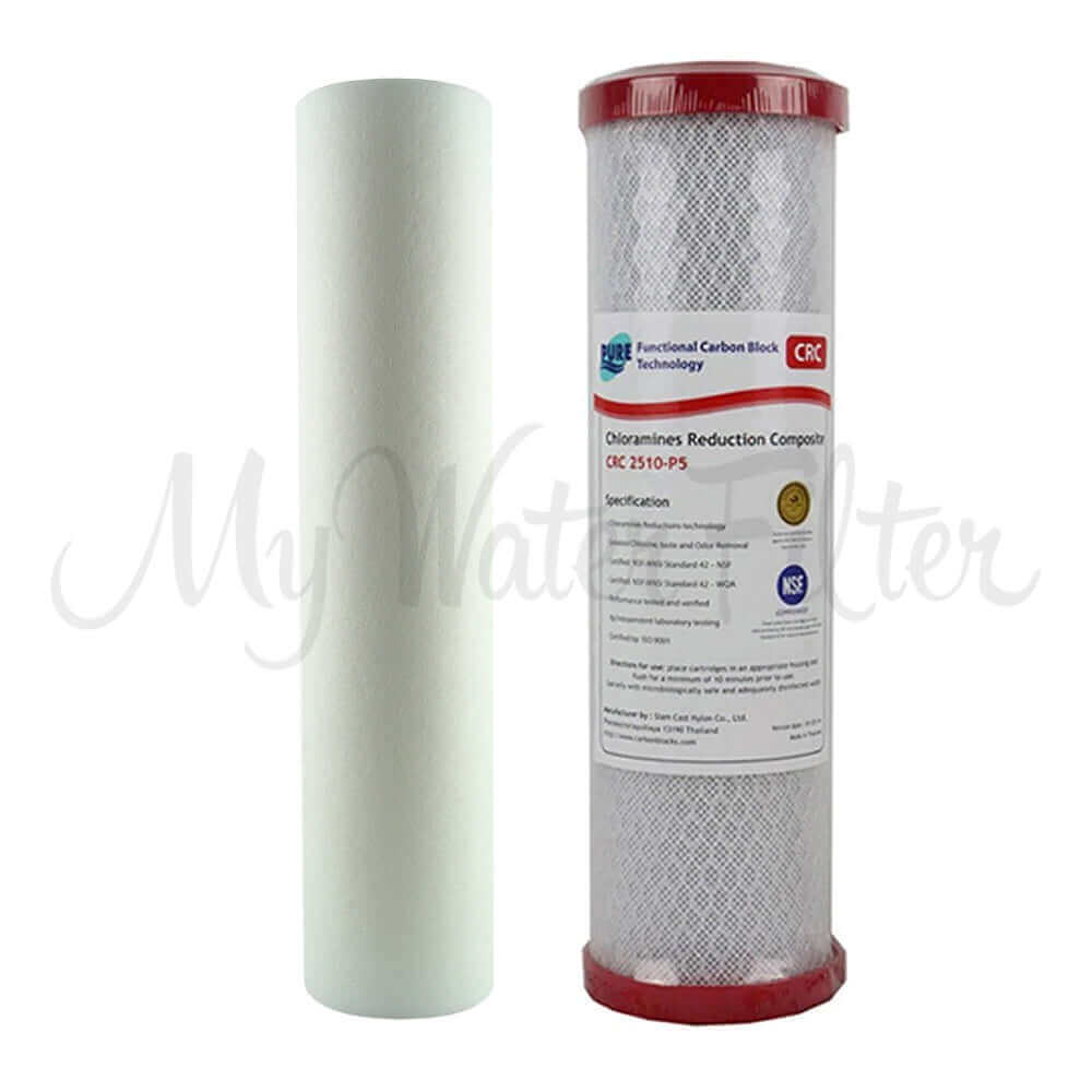 HPF 7 Stage Reverse Osmosis Under Sink Water Filter System with dual cartridges: white polypropylene and red-top carbon block.