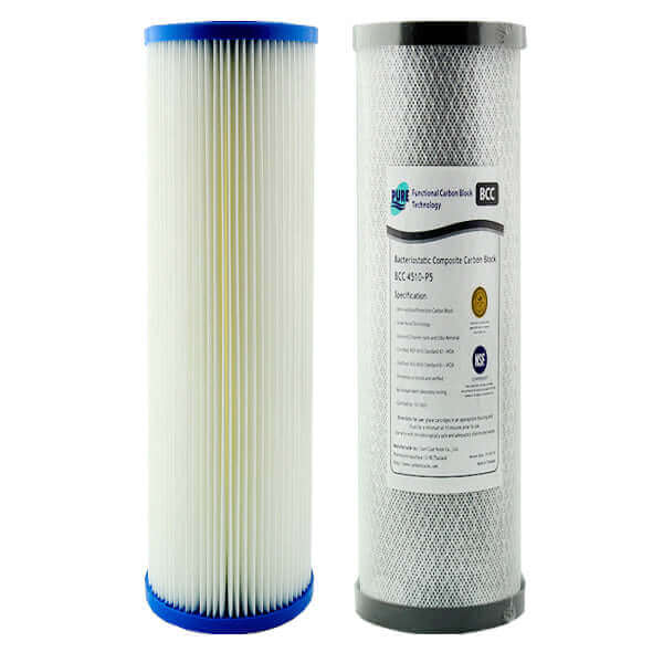 A pleated sediment cartridge with a blue end caps and a  carbon block with a label, both part of the Replacement Cartridge Pack for MWF 20