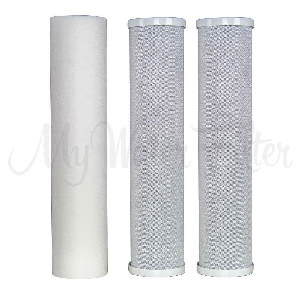 Three My Water Filter replacement cartridges for the MWF 20" x 4.5" Triple Big Blue Whole House System are arranged in a row, featuring one white polyspun sediment cartridge and two gray with mesh texture carbon filters.