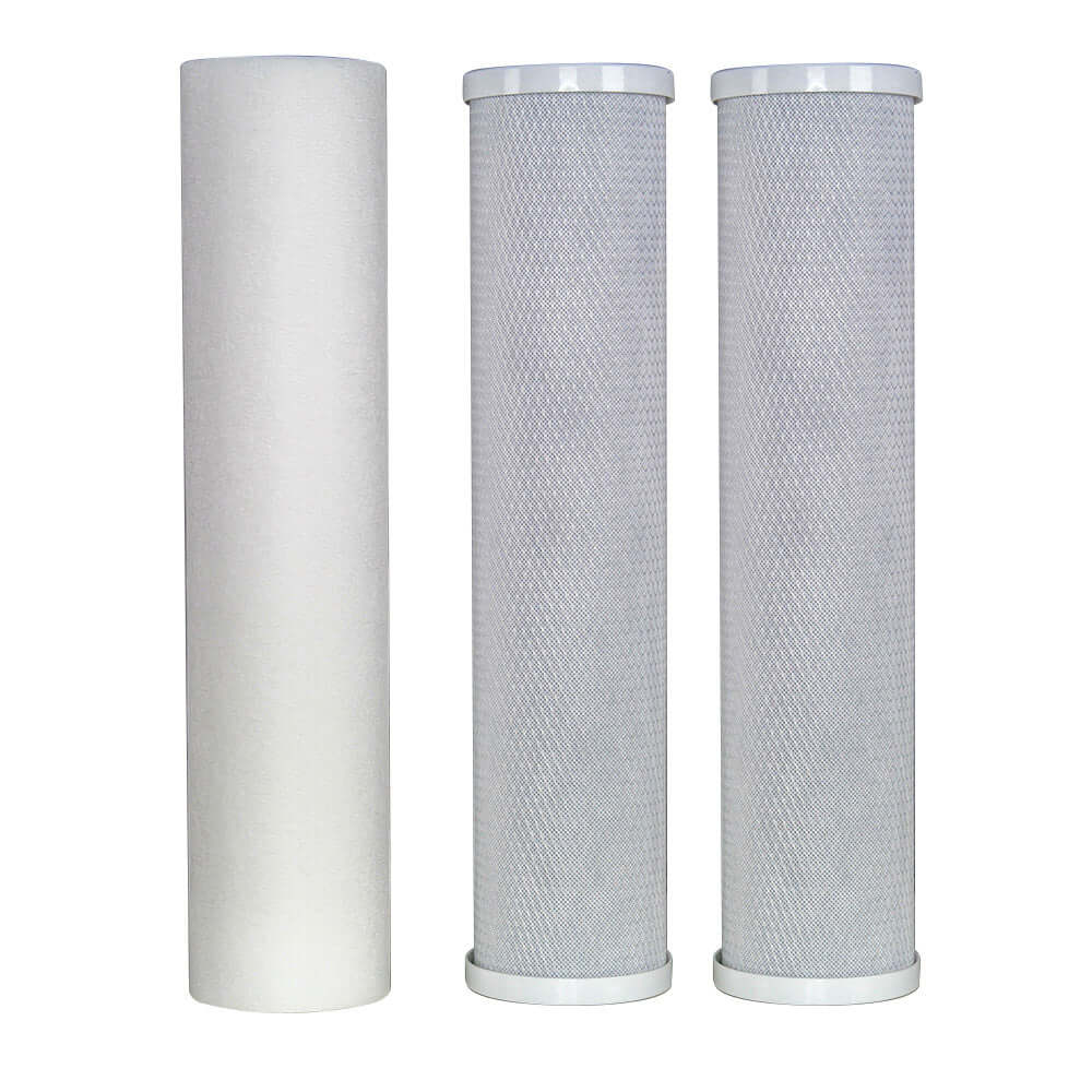 Three upright water filter cartridges are displayed: two with gray mesh casing carbon filters  and one solid white polyspun sediment from the Replacement Cartridge Pack for MWF 20