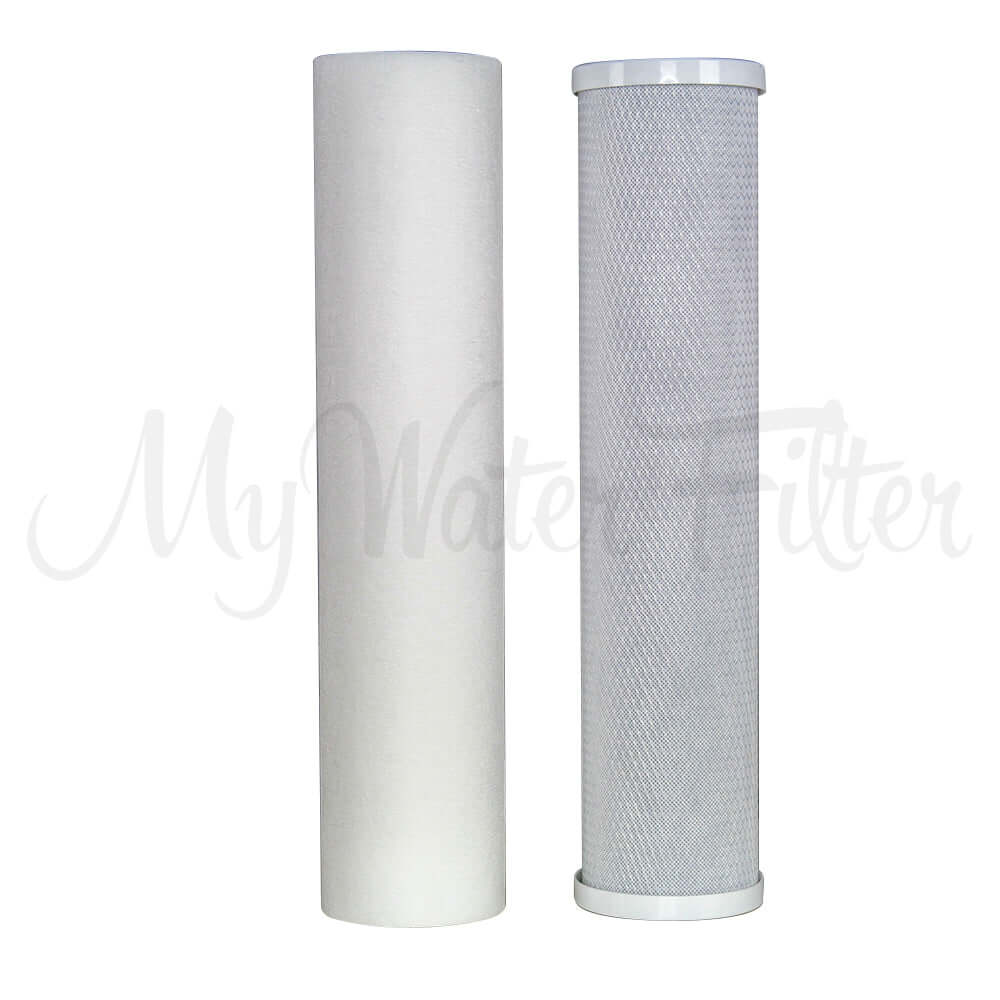 Replacement Cartridge Pack for MWF 20" x 4.5" Twin Big Blue Whole House Water Filter System: one all-white polyspun sediment and the other with a gray mesh texture carbon block.