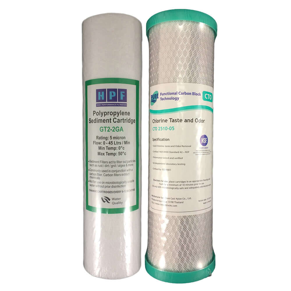 Two cartridges from the Replacement Cartridge Pack for the 5 Stage Reverse Osmosis Water Filter System with Alkaliser, one addressing sediment and another tackling chlorine taste and odor.