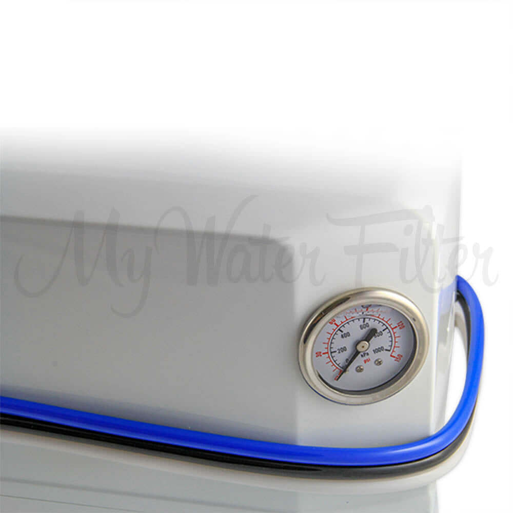 Close-up of the My Water Filter RO 4000 Benchtop System, white with a pressure gauge and blue hose.