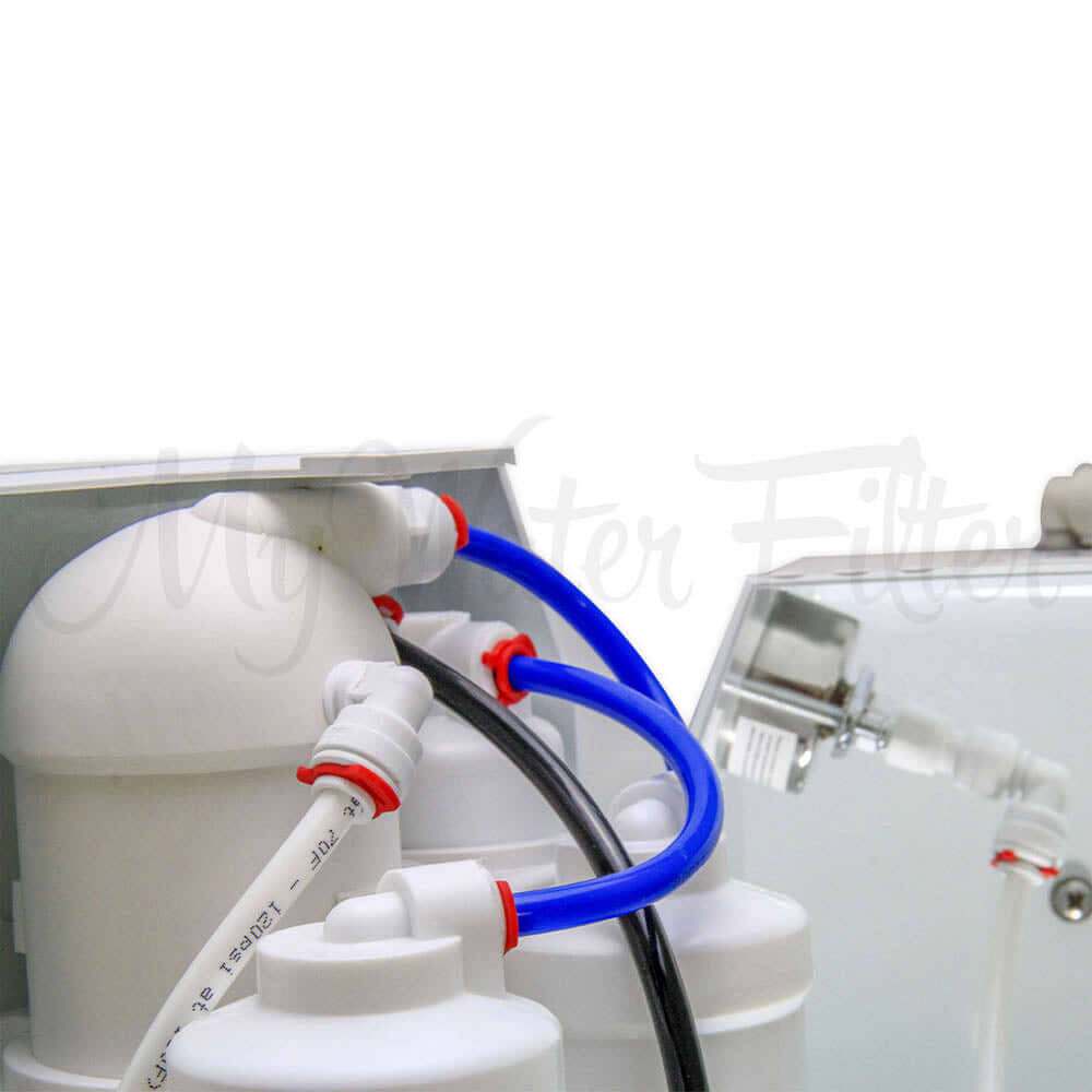 Close-up of the My Water Filter RO 4000 with blue, black, and white tubes on white background.