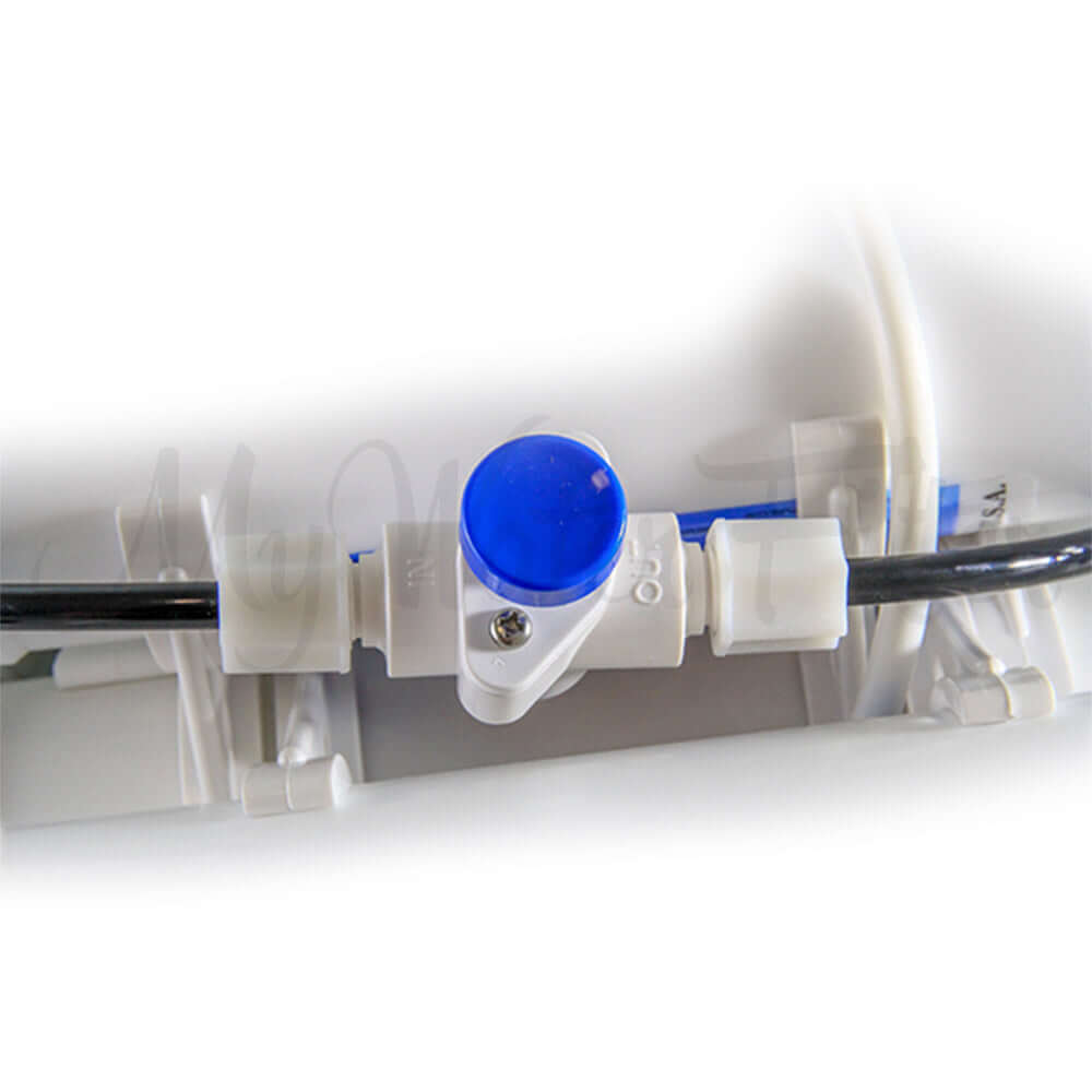 Close-up of a white valve with blue lever and black tubing from the My Water Filter RO 4000.