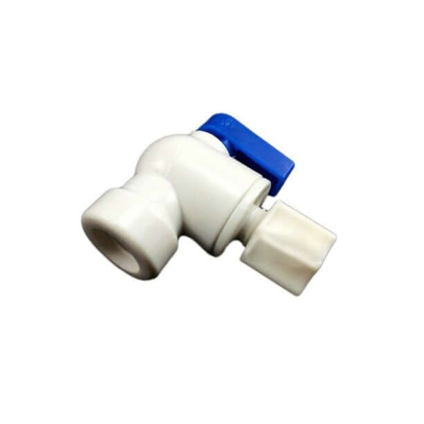 A Reverse Osmosis Storage Tank ball valve, featuring a white plastic build and blue lever.