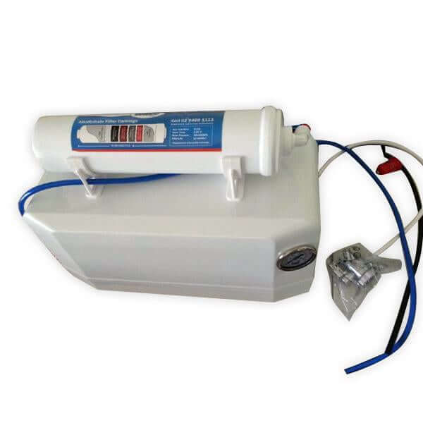 Benchtop RO 4000 water filter with alkaline, blue tubing, and labeled cartridge.
