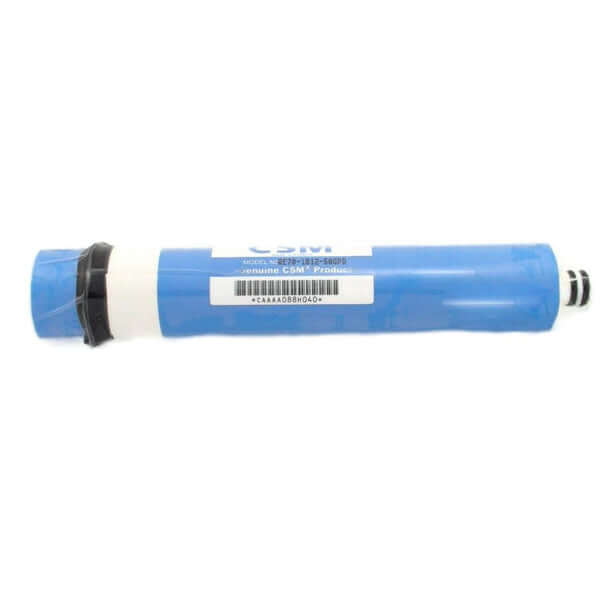 Blue and white cylindrical RO Membrane filter from the Replacement Cartridge Pack for the 4 Stage Reverse Osmosis Under Sink Water Filter System, featuring text and barcodes on its surface