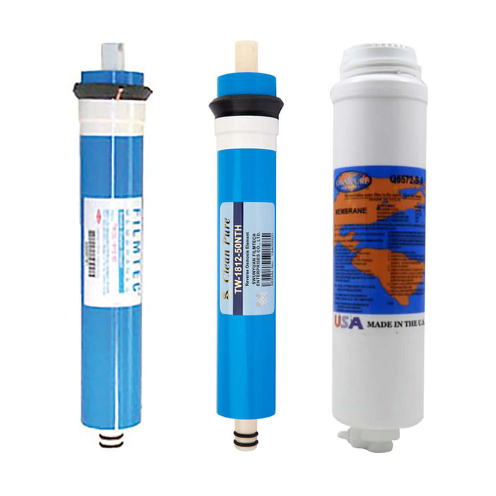Three distinct Reverse Osmosis Membrane cartridges in blue and white, positioned upright.