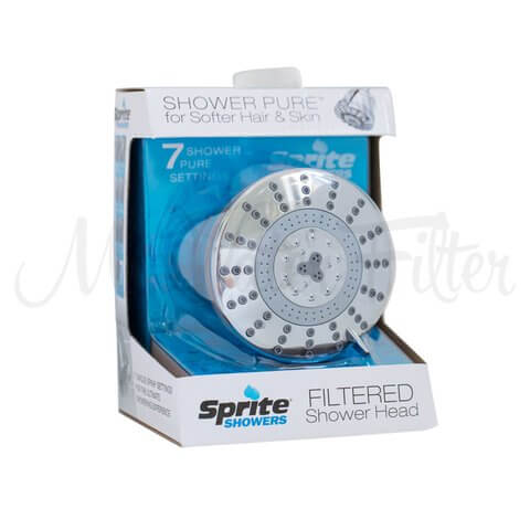 The Sprite Pure 7 Stage Fixed Shower Filter, elegantly packaged, features a water filtration system and boasts 7 versatile settings for a refreshing experience.