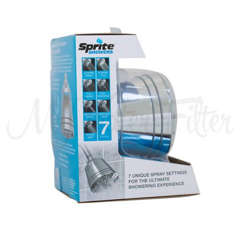 The Sprite Pure 7 Stage Fixed Shower Filterby is packaged in a blue and white box and offers 7 spray settings. It includes integrated water filtration, guaranteeing a refreshing and clean shower experience every time.