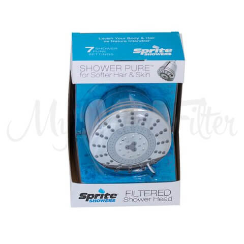Sprite presents the Sprite Pure 7 Stage Fixed Shower Filter inside the package, a showerhead with seven settings and built-in water filtration designed to enhance hair and skin softness.
