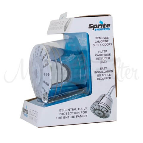 The packaging for the Sprite Pure 7 Stage Fixed Shower Filter emphasizes its effective water filtration, guaranteeing chlorine removal and hassle-free installation.