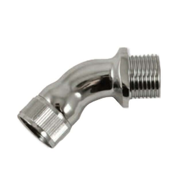 A reflective metal Shower Swivel Adaptor Pipe Joint featuring 1/2" Female BSP to 1/2" Male BSP threaded ends