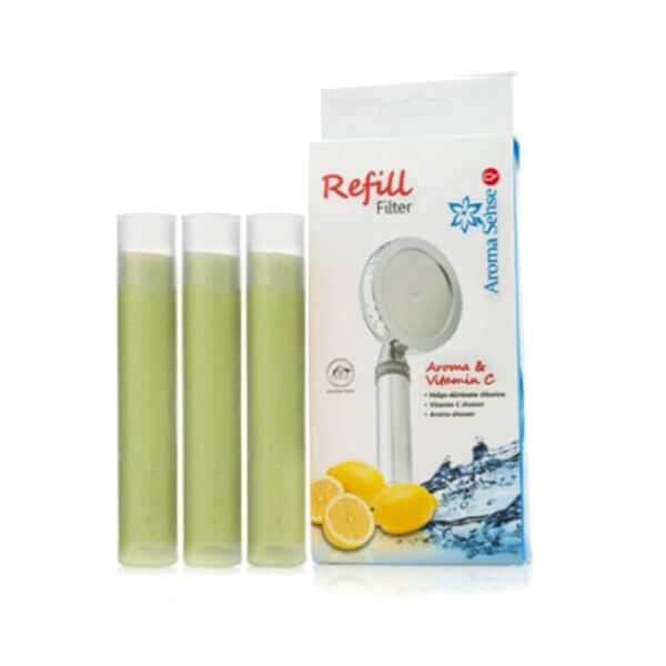 A refill pack for the Aroma Sense Q Vitamin C Shower Filter includes three Eucalyptus cartridges adorned with lemon images and Aroma Sense Q Shower Head on the packaging, ensuring a refreshing chlorine-free shower while delivering Vitamin C benefits. It's perfect for adding a hint of natural aromatherapy to your daily routine.