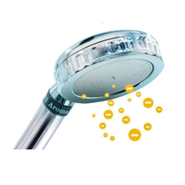 The Aroma Sense Q Vitamin C Shower Filter Shower Head by Aroma Sense Q against a white background, highlighting the revitalizing advantages of a Vitamin C shower filter.