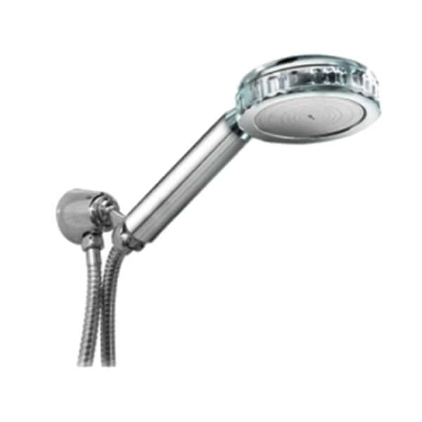 Aroma Sense Q Vitamin C Shower Filter Shower Head with Hose and Bracket, set against a plain white background, offers a chlorine-free experience with its chrome handheld design and flexible hose.