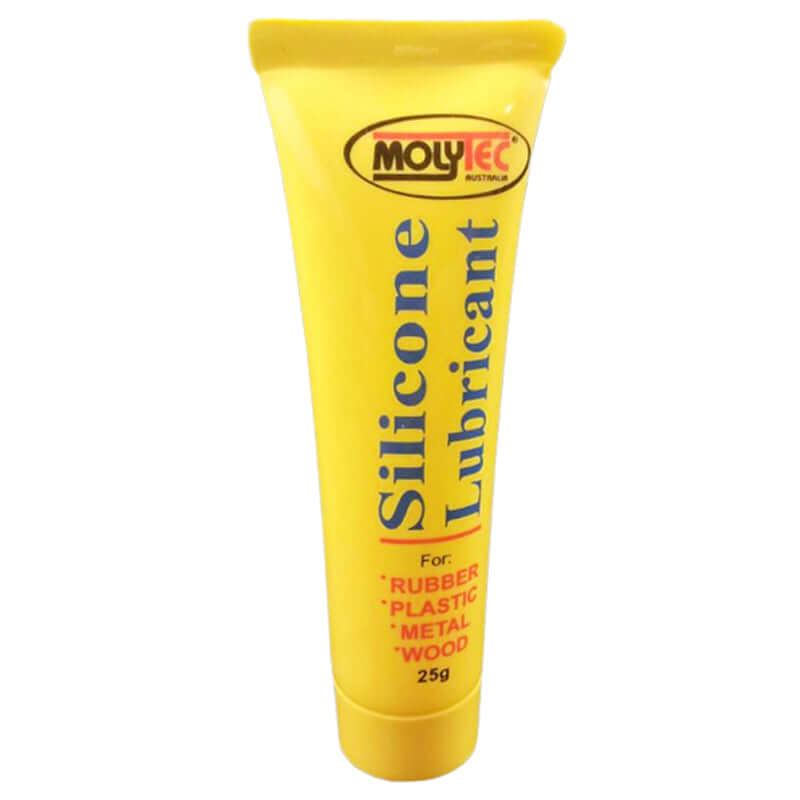 Yellow tube of silicone lubricant ideal for rubber, plastic, metal, and wood in a 25g size.