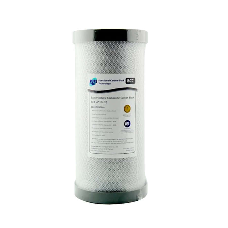 A cylindrical carbon block cartridge bearing specifications and certification logos from the Replacement Cartridge Pack for MWF 10" x 4.5" Twin Big Blue Whole House Rain Water Tank Filter System.