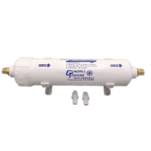 An inline white 5 Micron Silver Stabilizing Carbon Caravan Inline Water Filter Replacement Cartridge, featuring blue labels equipped with 1/2" brass male thread and extra 1/4" Quick Connect Tube Fittings