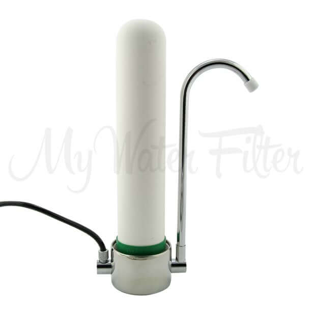 A white and chrome Ultraceram countertop water filter from Doulton features a curved spout and hose
