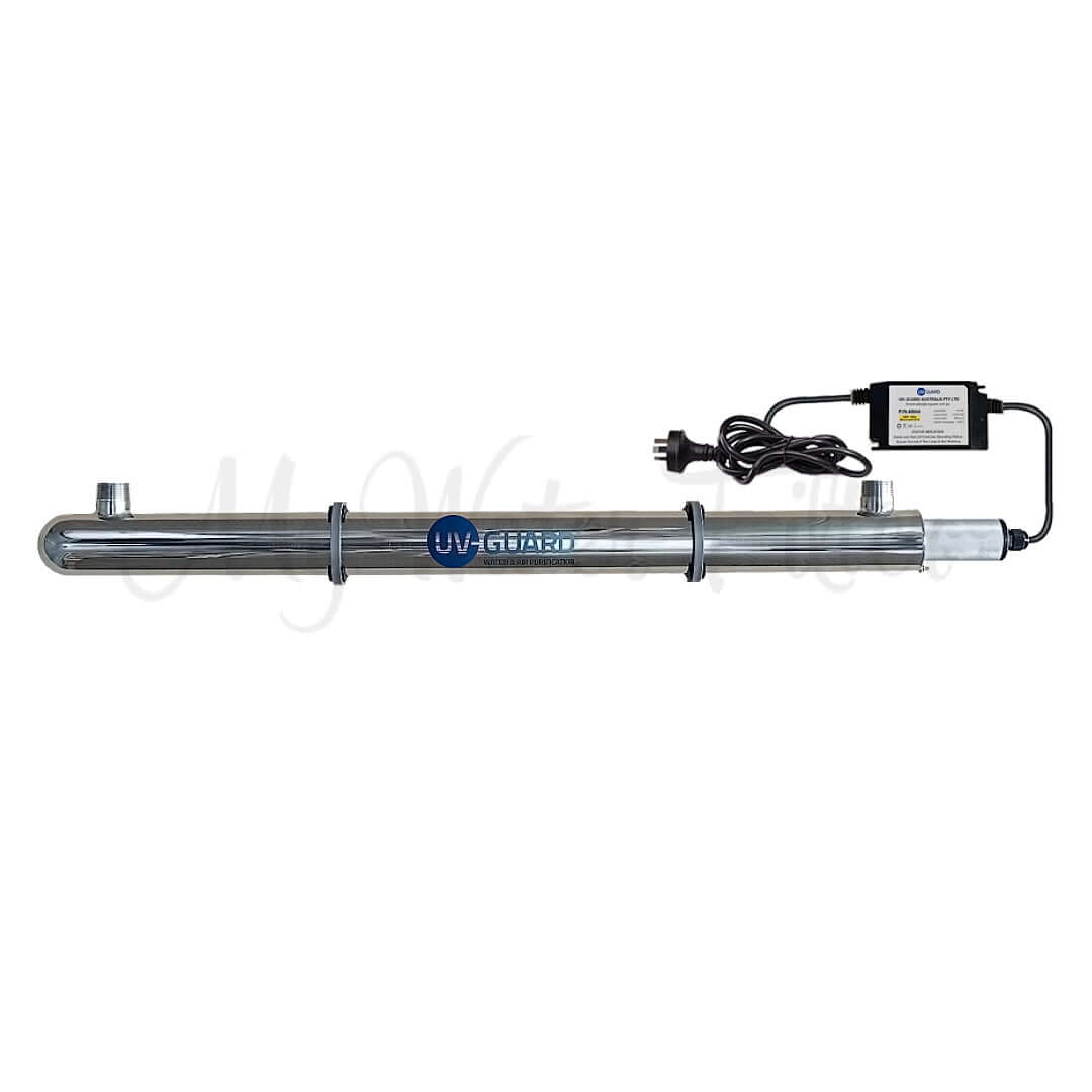The UV Guard UVG SLT40 is a 40-watt whole house ultraviolet light system with a metal tube and controller, capable of sterilizing water at 46 LPM.