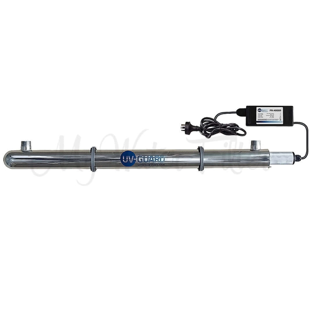 UV Guard UVG SLT75 is a 80-watt whole house ultraviolet light system with a cylindrical stainless steel body and attached to a controller, processing 92 LPM.