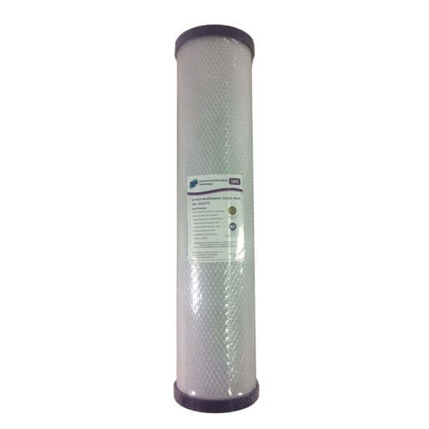 The Pure SMC 4520-P5 cartridge is a 20" x 4.5" water filter featuring black end caps and labels, designed for tannin removal using a coconut carbon block with 0.5-micron filtration.