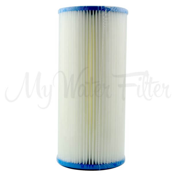 The Unicel 5 Micron Pleated Sediment Whole House Water Filter Replacement Cartridge, featuring a blue rim, stands upright on a white background.